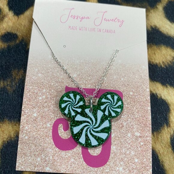 Green Glitter Mickey Mouse Ears Silver 22" Necklace - Picture 1 of 1